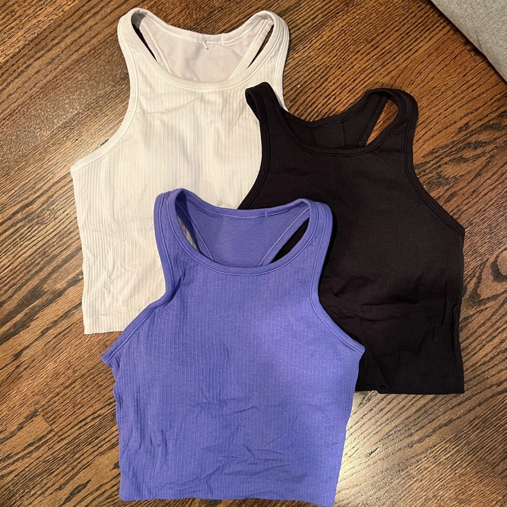 Lululemon Ebb to Street Crop Tank Set of 3! Size 8 💜🖤🤍